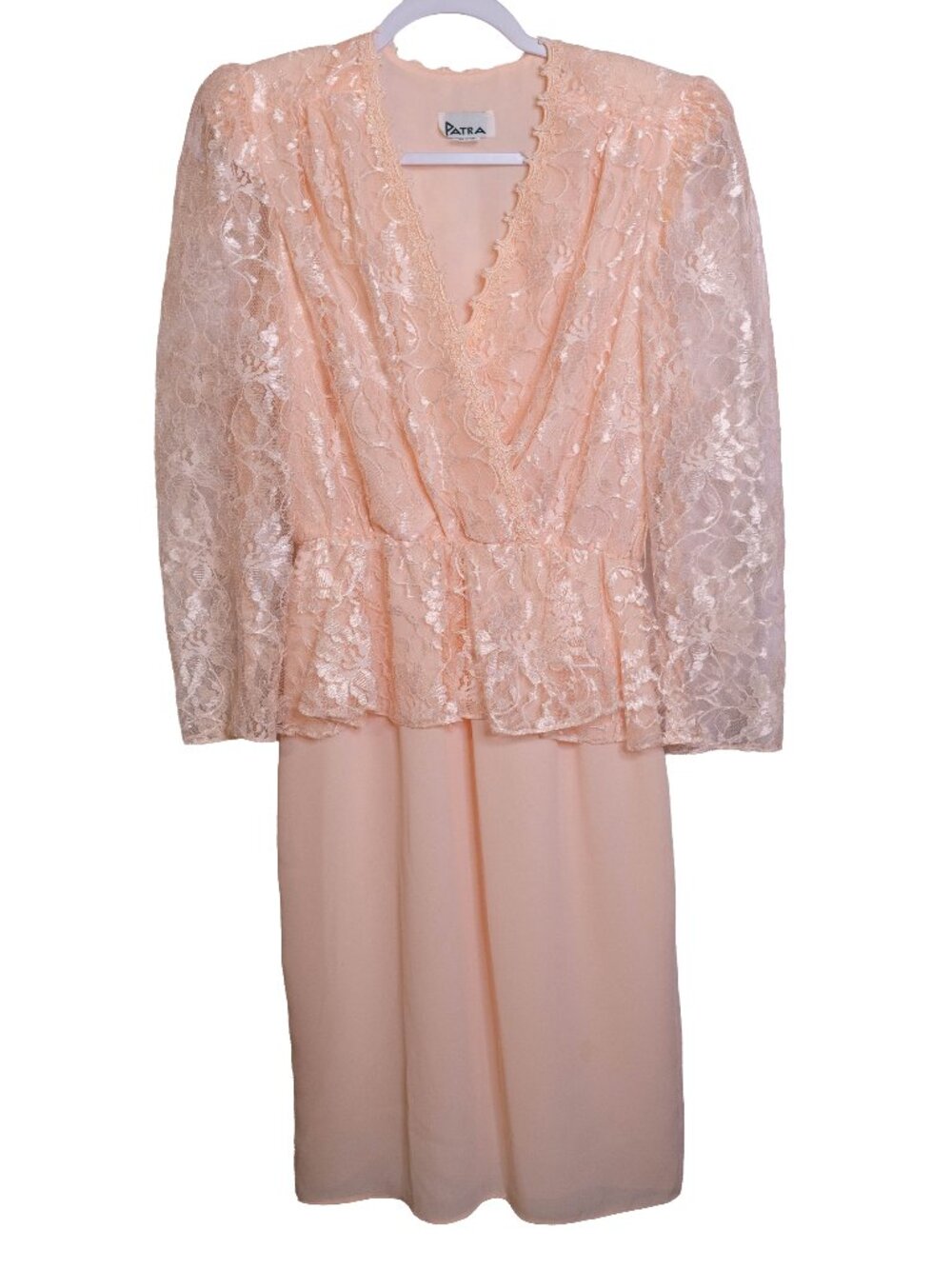 Vintage 80s 90s Patra Pastel Pink Lace and Chiffon Formal Midi Dress - Large